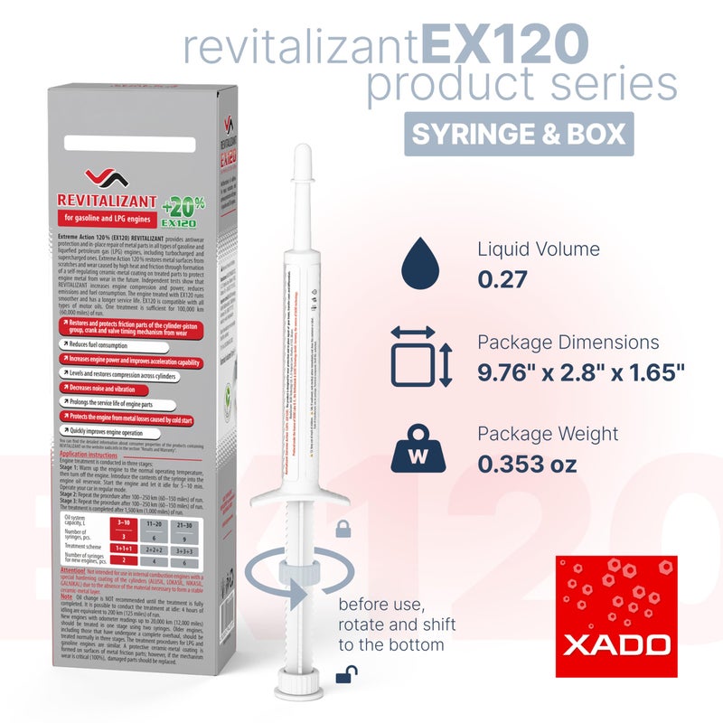 XADO EX120 Motor Oil Additive - Engine Restore - Ceramic-Metal Coating and Revitalizant - Oil Treatment for High Mileage Engines - Restores Worn Metal Parts - for Gas and LPG Vehicles (Syringe 8 ml) - Image 2
